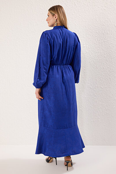 Trendyol Modest Large Size Navy Blue Unlined Jacquard Floral Woven Dresstctss25Eb00149