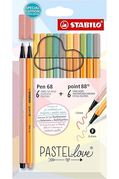 Stabilo Point 88 & Pen 68 Pastellove - Fine Felt Tip Pen and Felt Tip Crayons - Pack of 12