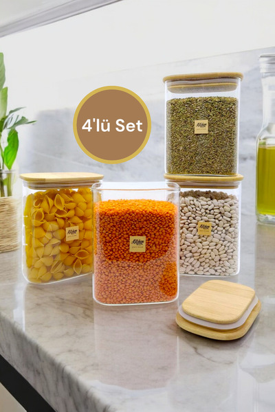 Kitchen Way Bambu Conta Kapaklı 4 Lü Cam Kavanoz Set 1000ML Borosilikat Bahar...