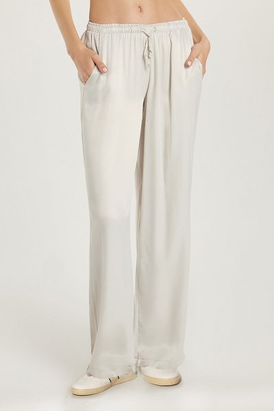 Tudors Women's Regular Fit Elastic Waist Tie Satin Palazzo Wide Leg Gray Trousers