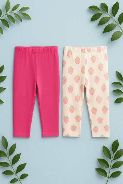 TRENDYOLKIDS Fuchsia-Mehrfarbig 2'li Mädchen 100% Baumwolle Erdbeere Gedruckt Knielange Gestrickte Leggings TKDSS25TA00021