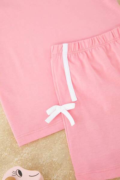 TRENDYOLKIDS Ροζ Γυναικεία Παιδική 100% Βαμβακερή Κορδέλα Λεπτομερής Κοντομάνικη Πλεκτή Πιτζάμες TKDSS25PT00038