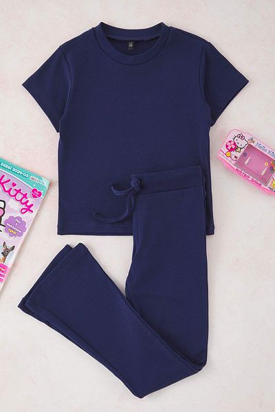 TRENDYOLKIDS Sötétkék női gyermek 100% pamut Basic flare láb rövid ujjú rugalmas kötött alsó felső öltöny TKDSS25AU00136