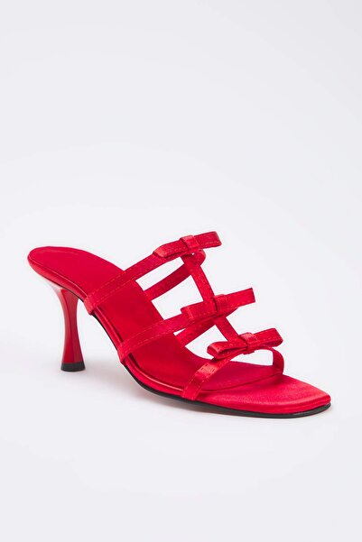 TRENDYOL SHOES Red Satin Bow Detail Thin Band Women's Heeled Slippers Takss25To00108