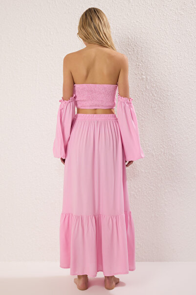 Trendyol Collection Pink Woven Gipeli Maxi Beach High Waist Blouse-Skirt Set Tbess25Au00082
