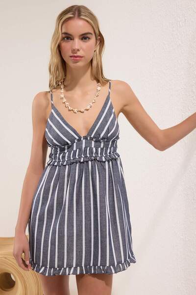 Trendyol Collection Navy Blue Striped Midi Woven Flared Cotton Beach Dress Tbess25El00148