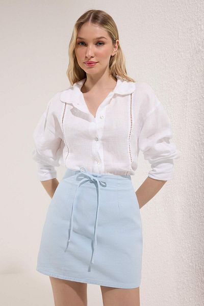 Trendyol Collection Blue Linen Blended Binding Detailed Mini Skirt Twoss25Et00193