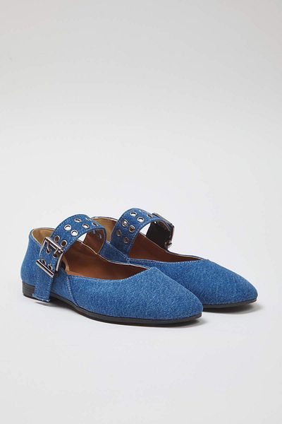 TRENDYOL SHOES Blaue Denim-Ösen-Schnalle, mandelförmige Zehenpartie, Mary Jane-Ballerinas für Damen TAKSS25BE00050