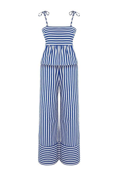 Trendyol Collection Weiß-blau gestreiftes Gewebe aus 100 % Baumwolle