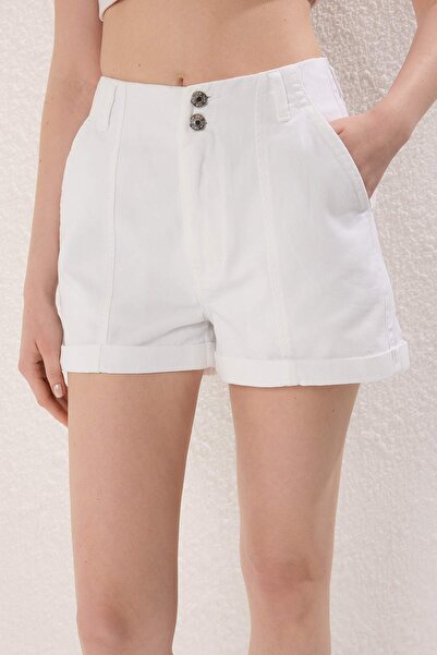 Trendyol Collection White Stitching Detailed High Waist City Boy Denim Shorts Twoss25Sr00197