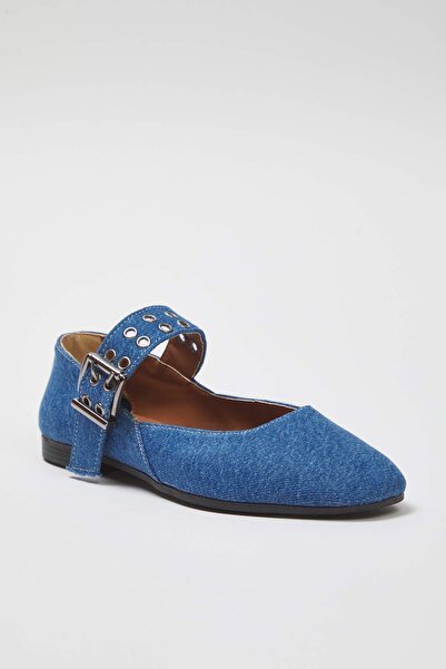 TRENDYOL SHOES Blue Denim Eyelet Buckle Almond Toe Mary Jane Women's Ballerina Takss25Be00050