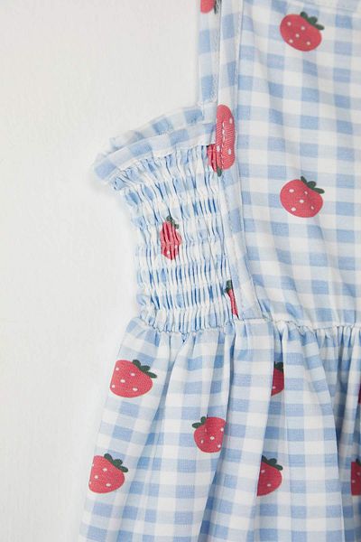 TRENDYOLKIDS Rochie tricotată de sărbători scurtă pentru femei, 100% bumbac, cu bretele imprimate cu căpșuni TKDSS25EL00079