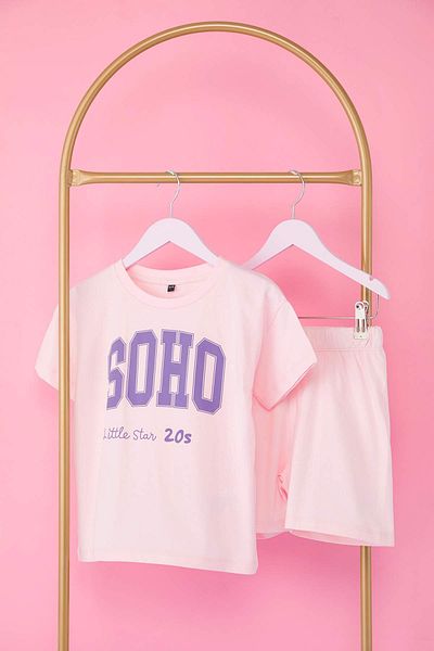 TRENDYOLKIDS Pink Girl 100% Cotton Slogan Printed Short Sleeve Knitted Bottom-Top Suit Tkdss25Au00144