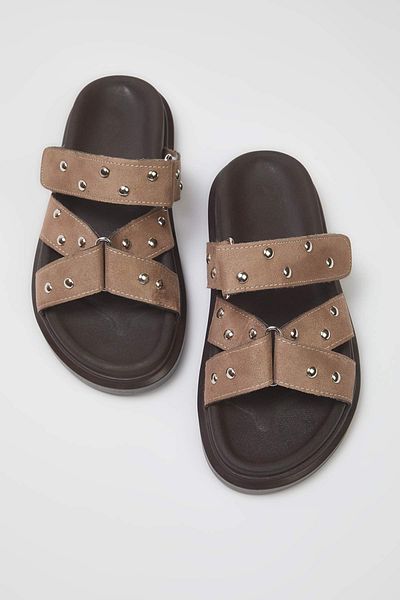 TRENDYOL SHOES Γυναικείες παντόφλες Mink Suede Troc Stone TAKSS25TE00036