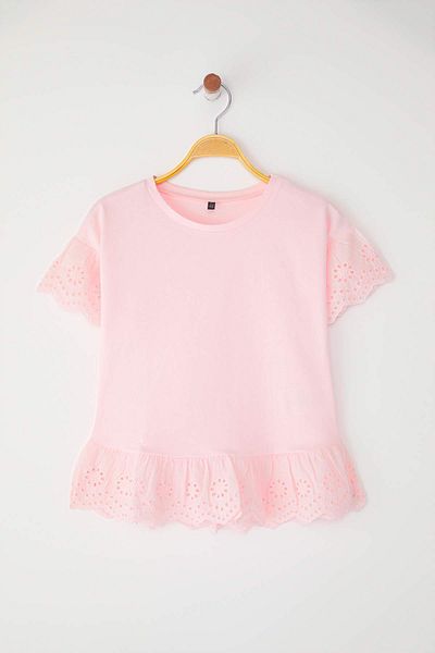 TRENDYOLKIDS Powder Girl's 100% Cotton Brode Detailed Short Sleeve Knitted T-Shirt/Blouse Tkdss24Ts00008