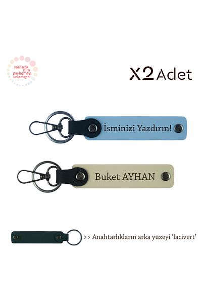 Miaju Kuzene Fun Armağan, Set of 2 Keychains with Name Written, Sky Blue-Milk Coffee-Navy Blue