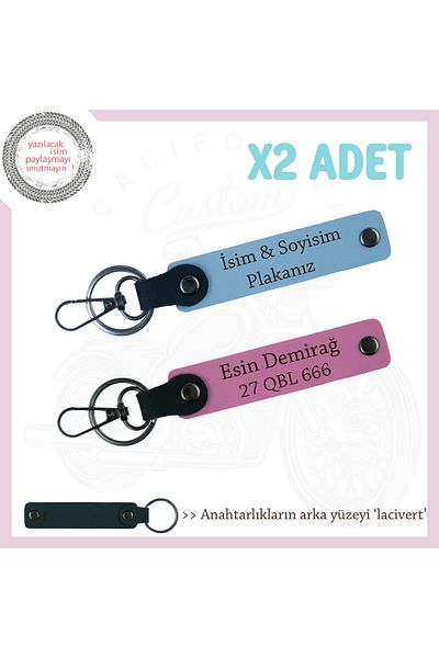 Miaju Biker Friends, Name and Plate Written On, Biker Keychain X2, Blue-Pink-Navy