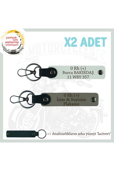 miawiki Meaningful Gift X2 Keychain, Ash Grey-White-Navy, with Nameplate for Motorcuya and 0 Rh (+) Blood Type Written
