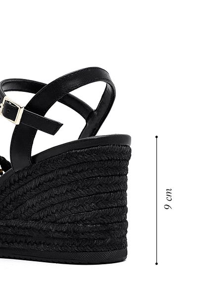 Derimod Women's Black Ankle Buckle Braided Wedge Heeled Espadrille Sandals 25Sfe482729
