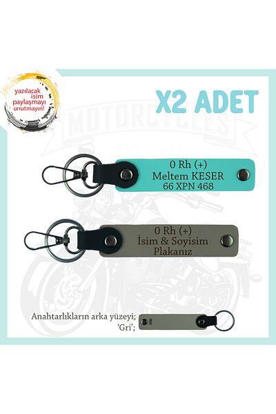 Miaju Exclusive for Biker Style, Gift X2 Keychain with Name Plate and 0 Rh (+) Blood Type Lettering, Ash Gray-Turquoise-Gr