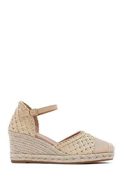 Derimod Women's Cream Ankle Buckle Braided Wedge Heeled Espadrille 25Sfe401929