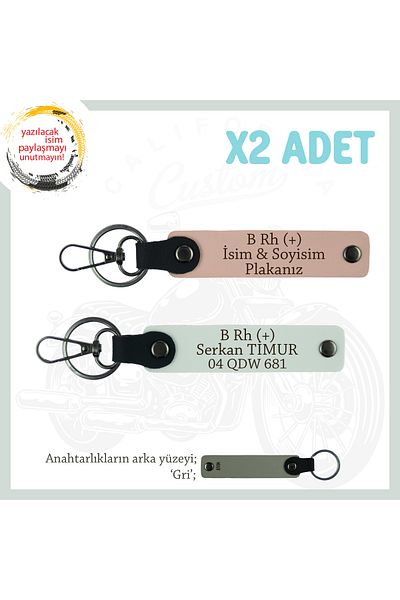 miawiki Leather X2' Keychain, Yavruağzı-White-Gr, Men's Motorcycle Gift, Name Plate and B Rh (+) Blood Group