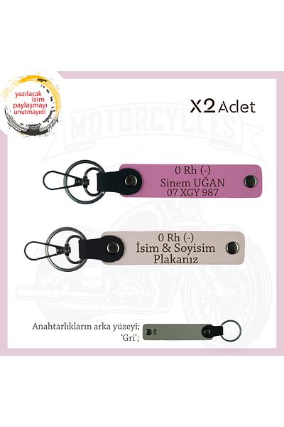 miawiki Design Leather 2-Key Chain, Powder-Pink-Gr, Special for Motor Lovers, Name Plate and 0 Rh (-) Blood Group