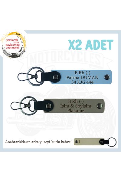 Miaju For Motorcycle Lovers, X2 Keychain Set with Name Plate and B Rh (-) Blood Type Lettering, Ash Grey-Blue-Sk