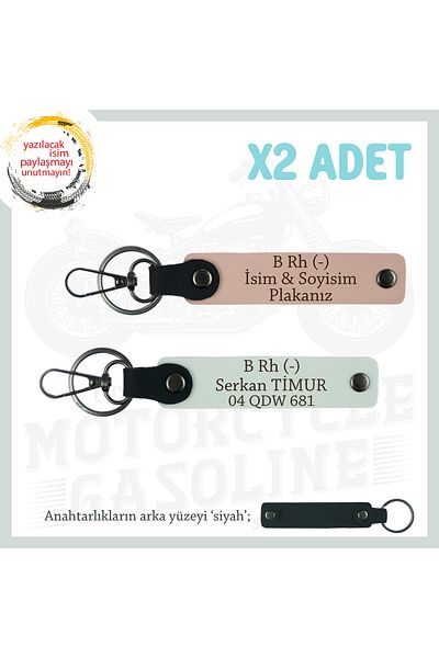 miawiki Leather 2-Key Chain with Name Plate and B Rh (-) Blood Group Written, Yavruağzı-White-Syh, Motorcycle Sevene