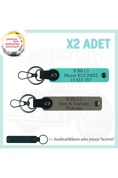 miawiki 2-Piece Gift Keychain with Name Plate and B Rh (-) Blood Type Written, Ash Gray-Turquoise-Navy, Biker Style