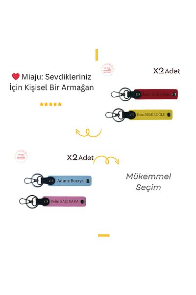 Miaju Kuzene Meaningful Armağan, Set of 2 Keychains with Name and Surname Written, Ash Gray-Green-Black