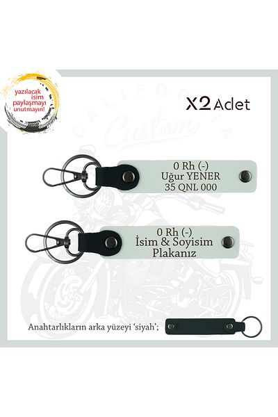 miawiki Set, White-Syh, Emergency Leather X2 Keychain with Name Plate and 0 - Blood Type Written Suitable for Biker Style
