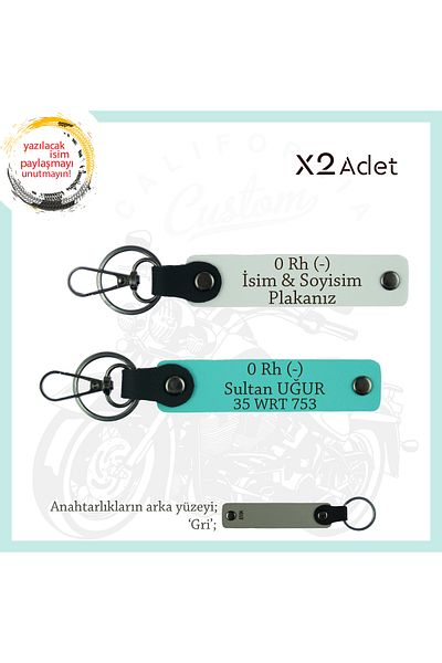 Miaju For Motor Lovers, X2 Keychain with Name Plate and 0 Rh (-) Blood Type Written, Gift, White-Turquoise-Gr