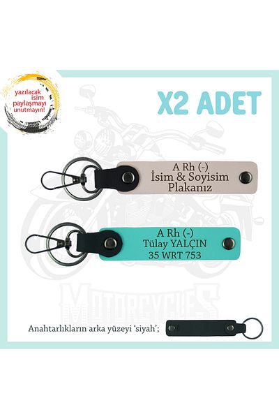 miawiki Leather X2 Keychain, Powder-Turquoise-Syh, Custom Name Plate for Biker Passengers a Rh (-) Blood Group Written