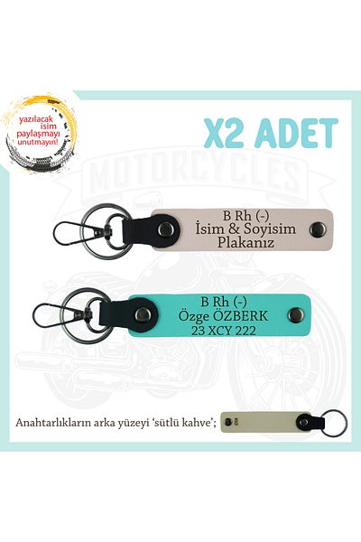 miawiki Name Plate and B Rh (-) Blood Group Written Leather X2 Keychain, Powder-Turquoise-Sk, Custom for Biker Passengers