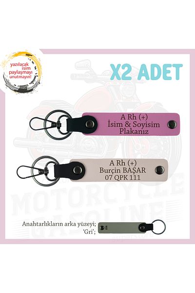 miawiki Design Leather 2-Key Chain, Powder-Pink-Gr, Special for Motor Lovers, Name Plate and a Rh (+) Blood Group