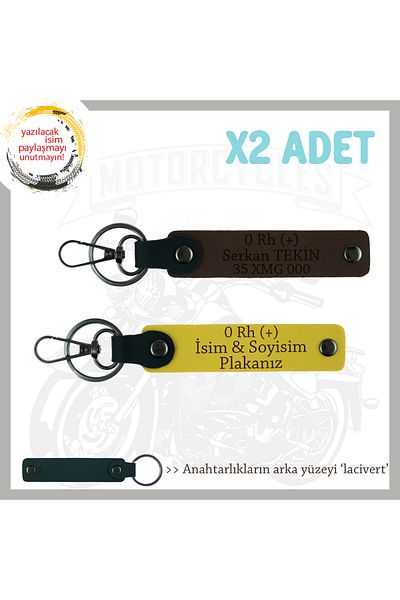 Miaju To Biker Friends, Gift X2 Keychain with Name Plate and 0 Rh (+) Blood Type Written, Yellow-K Brown-Navy