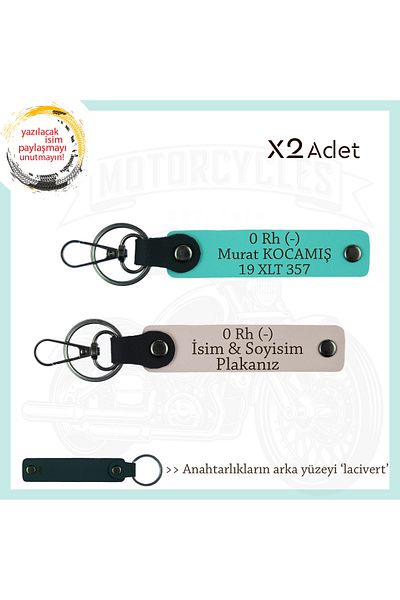 miawiki 0 Rh (-) Blood Group Written Leather X2 Keychain, Powder-Turquoise-Navy, Custom Name Plate for Biker Passengers