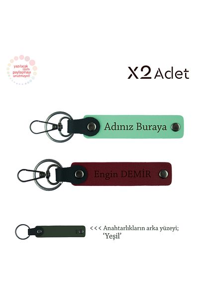 miawiki Set of 2 Keychains with Names Written, Green-Claret Red-Green, Kankaya Birthday Gesture