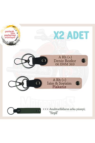 miawiki 2-Piece Leather Keychain Set with Name Plate and a Rh (+) Blood Group Written, Yavruağzı-Ysl, Special for Biker Style