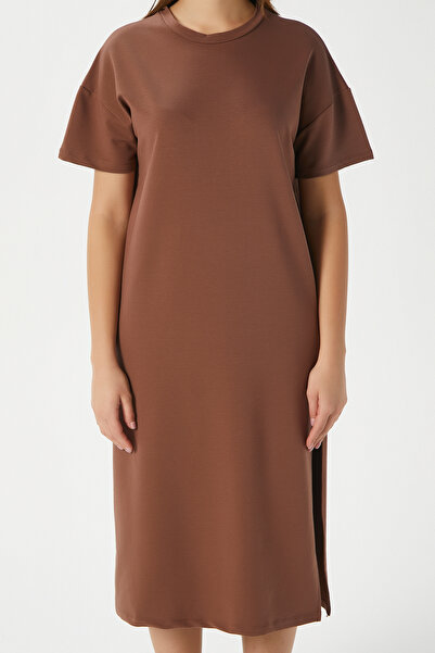 Ritnice Women's Alissa Slit Brown Combed Cotton Dress 15171