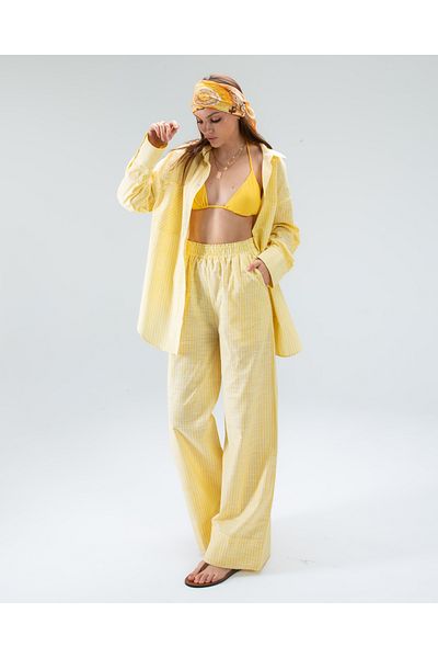 Tt Line Palazzo Pants Women Regular Side Pockets Cotton Linen Loose Wide Leg Elastic Waist Organic Yellow Blue Pink
