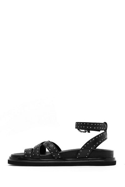 Derimod Women's Black Ankle Buckle Metal Detailed Leather Sandals 25Sfd270418