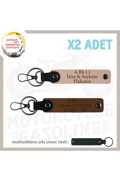 miawiki Leather 2-Key Chain with Name Plate and a Rh (-) Blood Group Written, Yavruağzı-White-Syh, Motorcycle Loving