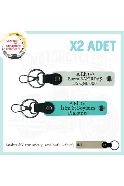 miawiki Gift, White-Turquoise-Sk, for Motor Lovers, Special Design X2 Keychain with Name Plate and a Rh (+) Written