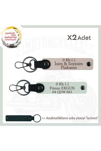miawiki Leather 2-Key Chain, Powder-White-Laci, Special Name Plate for Motorcyclists and 0 Rh (-) Blood Group Written