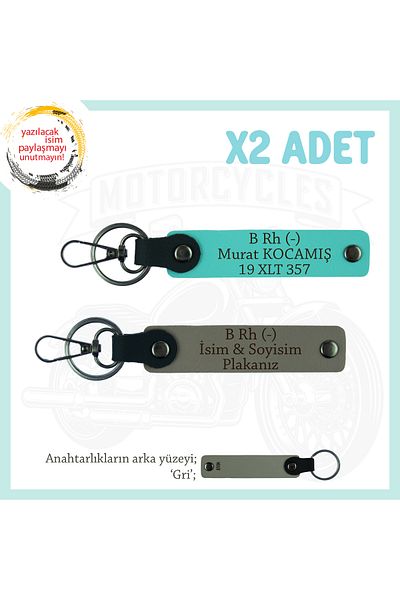 Miaju Exclusive for Biker Style, Gift X2 Keychain with Name Plate and B Rh (-) Blood Type Lettering, Ash Grey-Turquoise-Gr