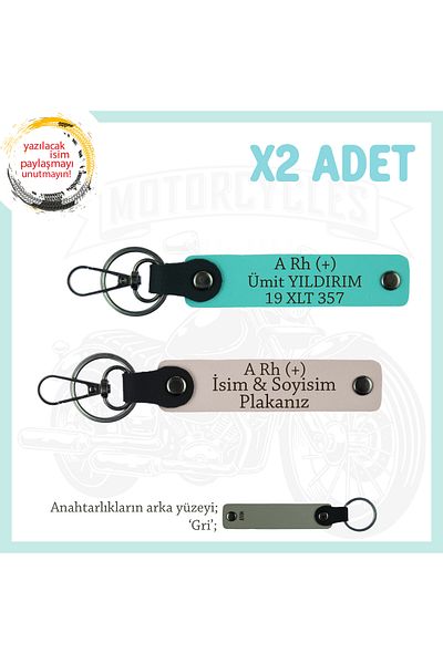 miawiki Name Plate and a Rh (+) Blood Group Written Leather X2 Keychain, Powder-Turquoise-Gr, Custom for Biker Passengers