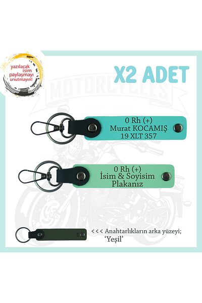 miawiki Set of 2 Keychains with Name Plate and 0 Rh (+) Blood Group Written, Green-Turquoise-Ysl, Special for Motor Lovers