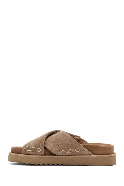Derimod Women's Tan Banded Thick Soled Suede Leather Slippers 25Sfd405210